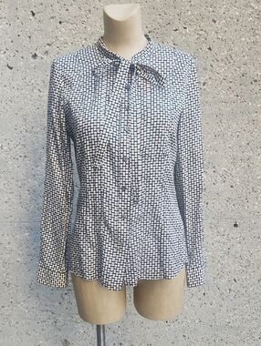 Club Monaco Black and White Grid Tie-Neck Blouse